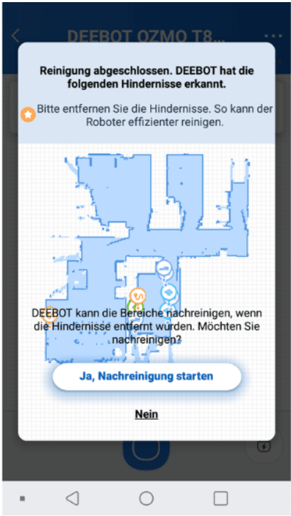Die erkannten Hindernisse werden bei Ecovacs Deebot OZMO T8 AIVI in der App eingezeichnet
